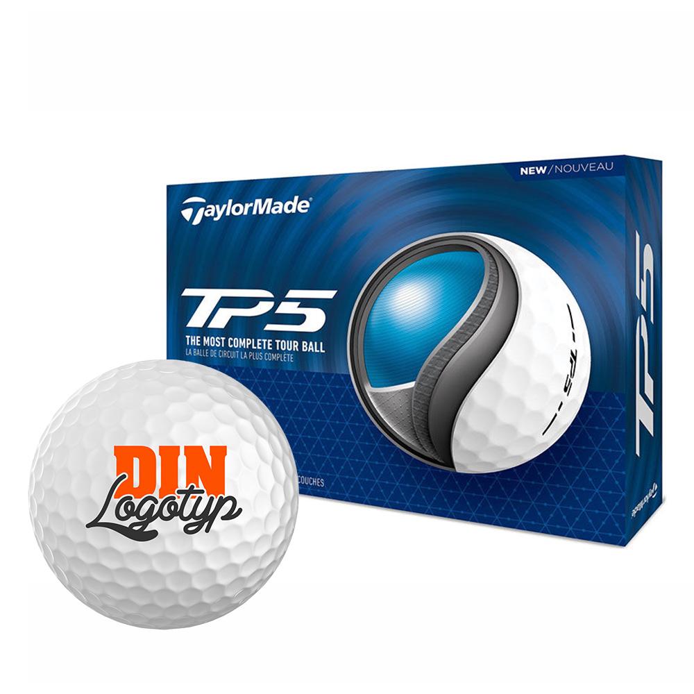 TaylorMade TP5 golfbollar med egen logotyp. Anpassa dina golfbollar med tryck för företag, golfklubbar och event. Perfekta för professionella golfare och specialanpassade gåvor.