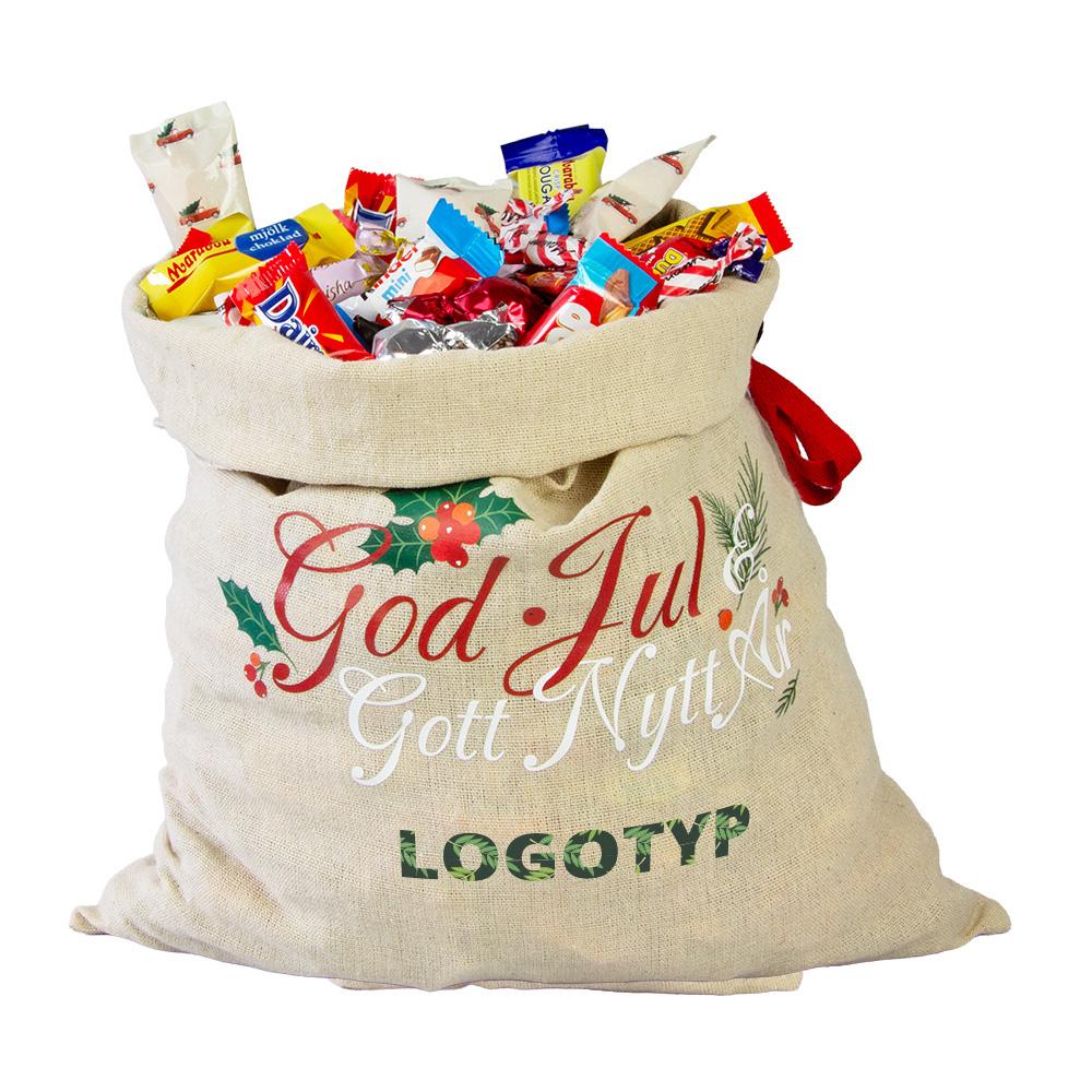 Exempel på julsäck med inslaget julgodis och egen logotyp