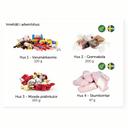 Innehåll i adventshus med godis: standardmix med varumärkesgodis 120 g, Grennakola 200 g, mixade pralinkulor 100 g och skumtomtar 47 g