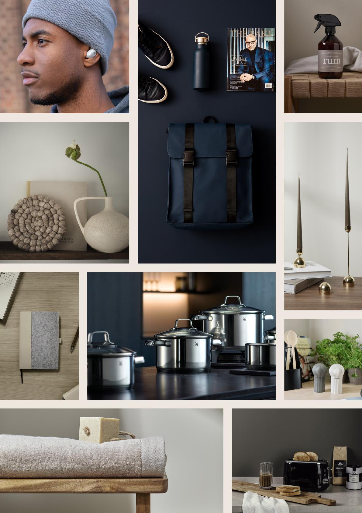 Vinga Home Flexible – presentkort att handla för i Vinga Home-sortimentet Kollage med köksprodukter, väskor, inredning och andra produktkategorier från Vinga Home