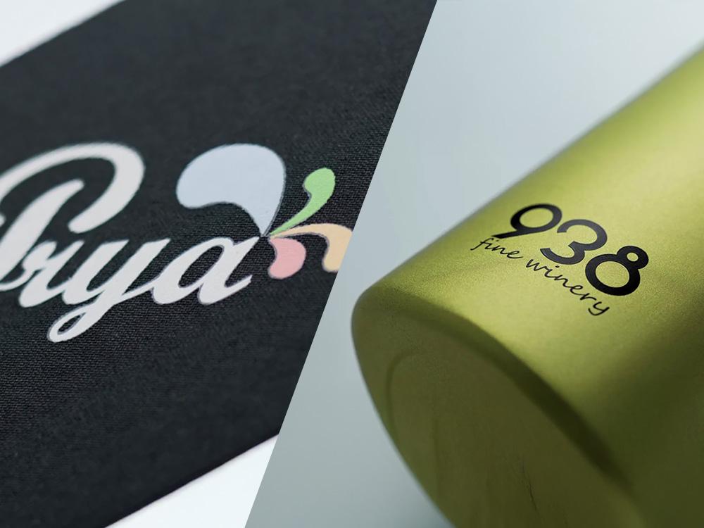 Exempel på två olika tryckmetoder – padprint till höger och transfertryck till vänster