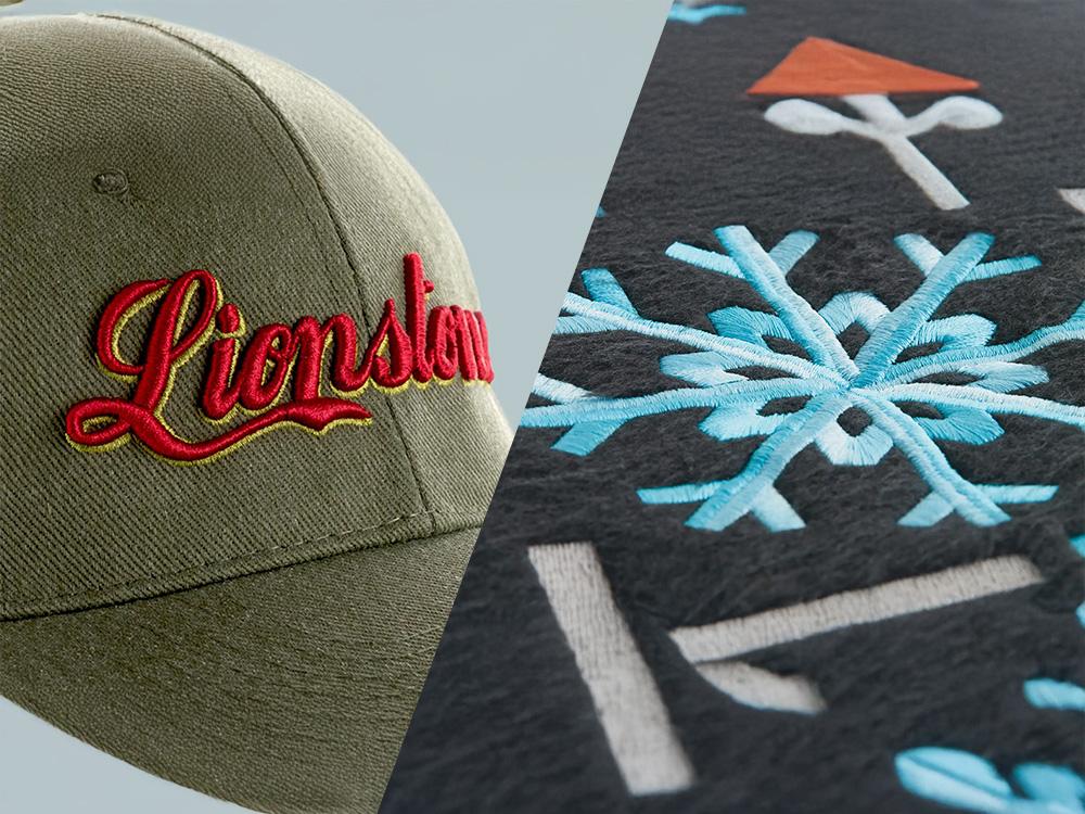 Exempel på brodyr – 3D-brodyr på keps till vänster och vanlig brodyr på tyg till höger.