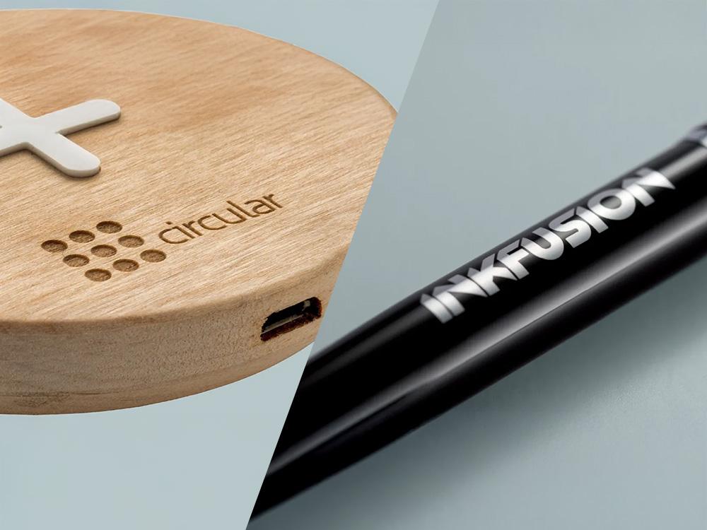 Exempel på gravyr – CO₂-gravyr i trä till vänster och lasergravyr på penna till höger.